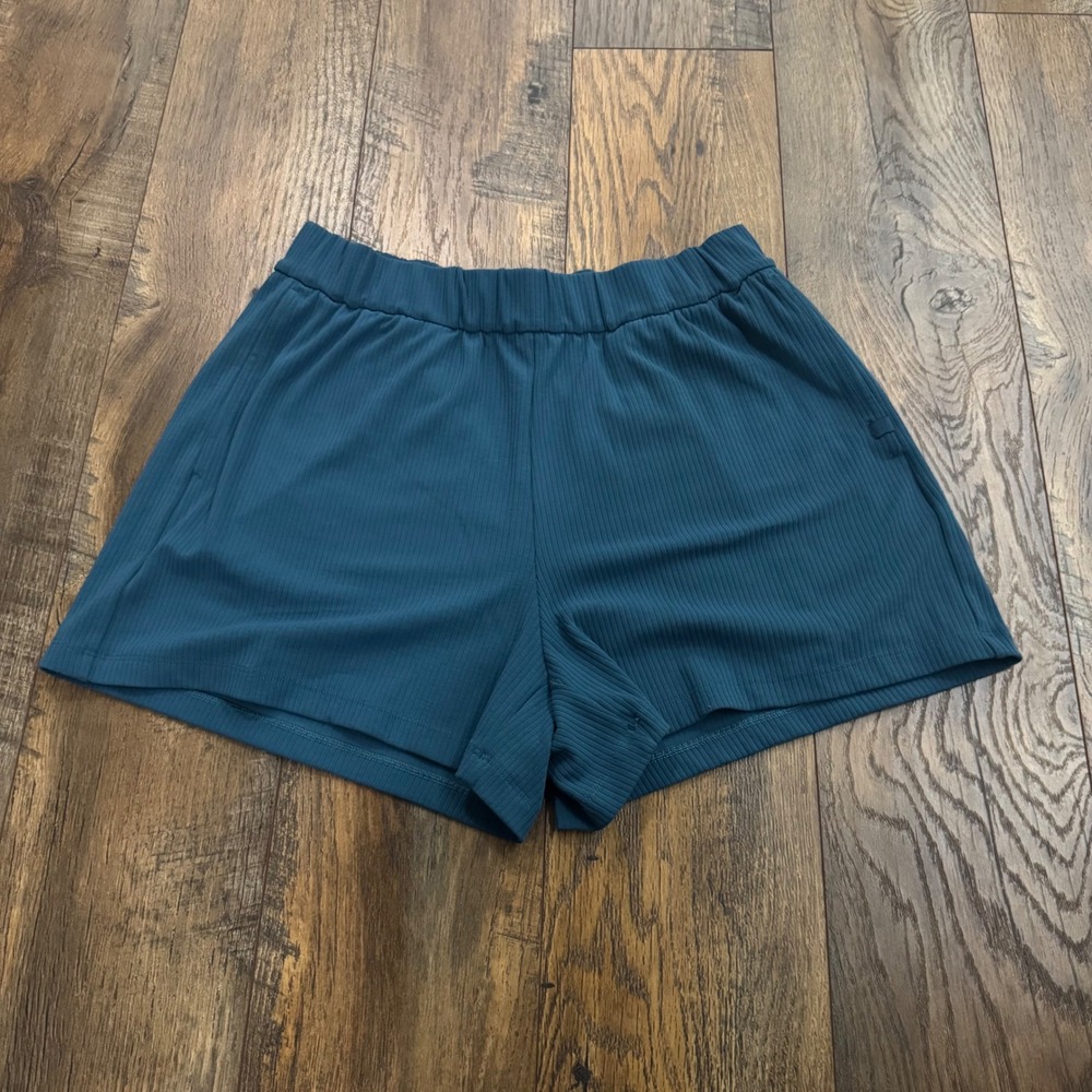 CRZ YOGA Ribbed Lounge Shorts Teal Blue Elastic Waist Pockets Small‎ 4-6 Active
